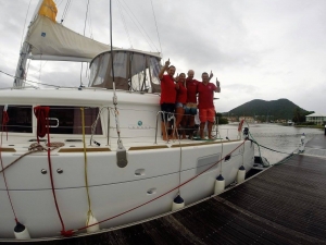 Victorious! The British team of Hardy's & crew triumphed with their fully-kitted Lagoon 450F at the ARC Atlantic Rally: 1st to arrive in St. Lucia. 55 knots - no problem!