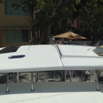 White vehicle roof with sunroof and antenna under trees.
